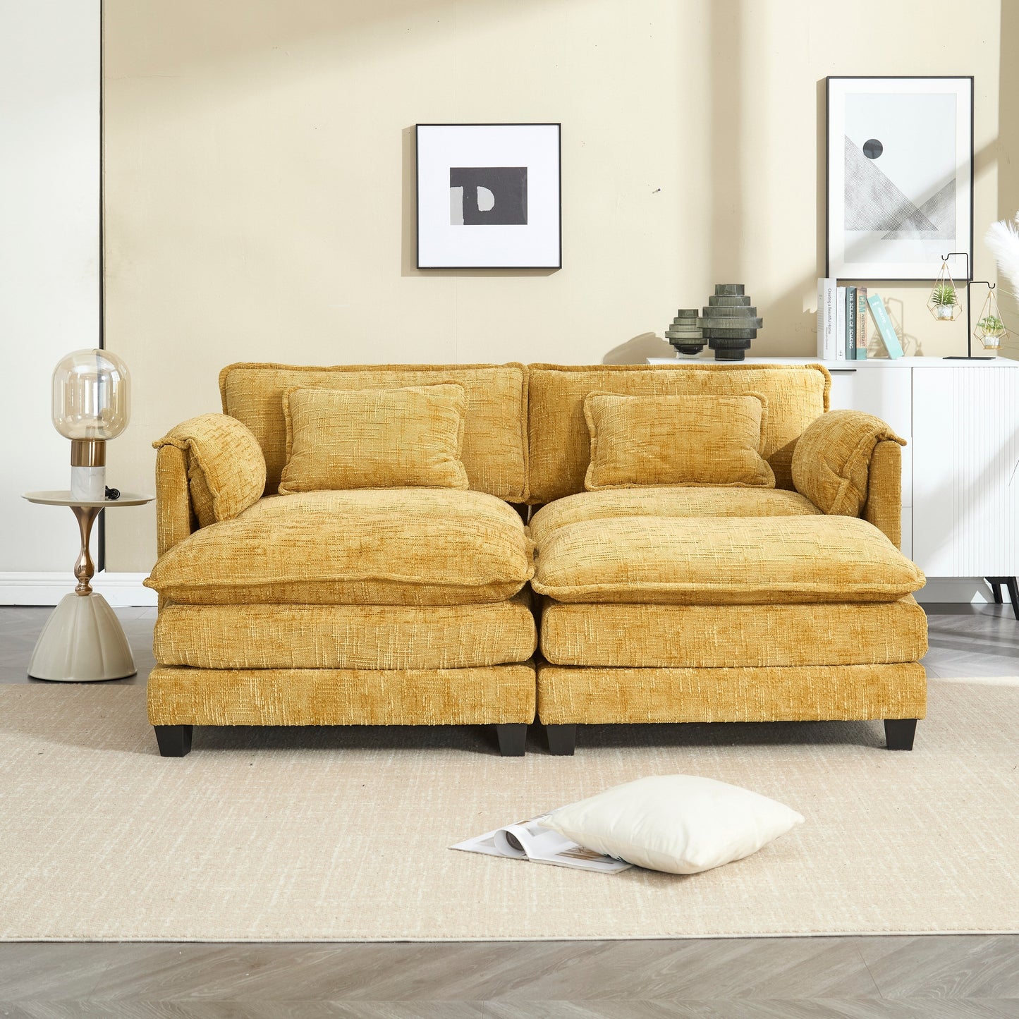 Solid Construction, the Overall Structure of the Sofa is Stable, Two Foot Stools and Two-seat Sofa with Side Pockets