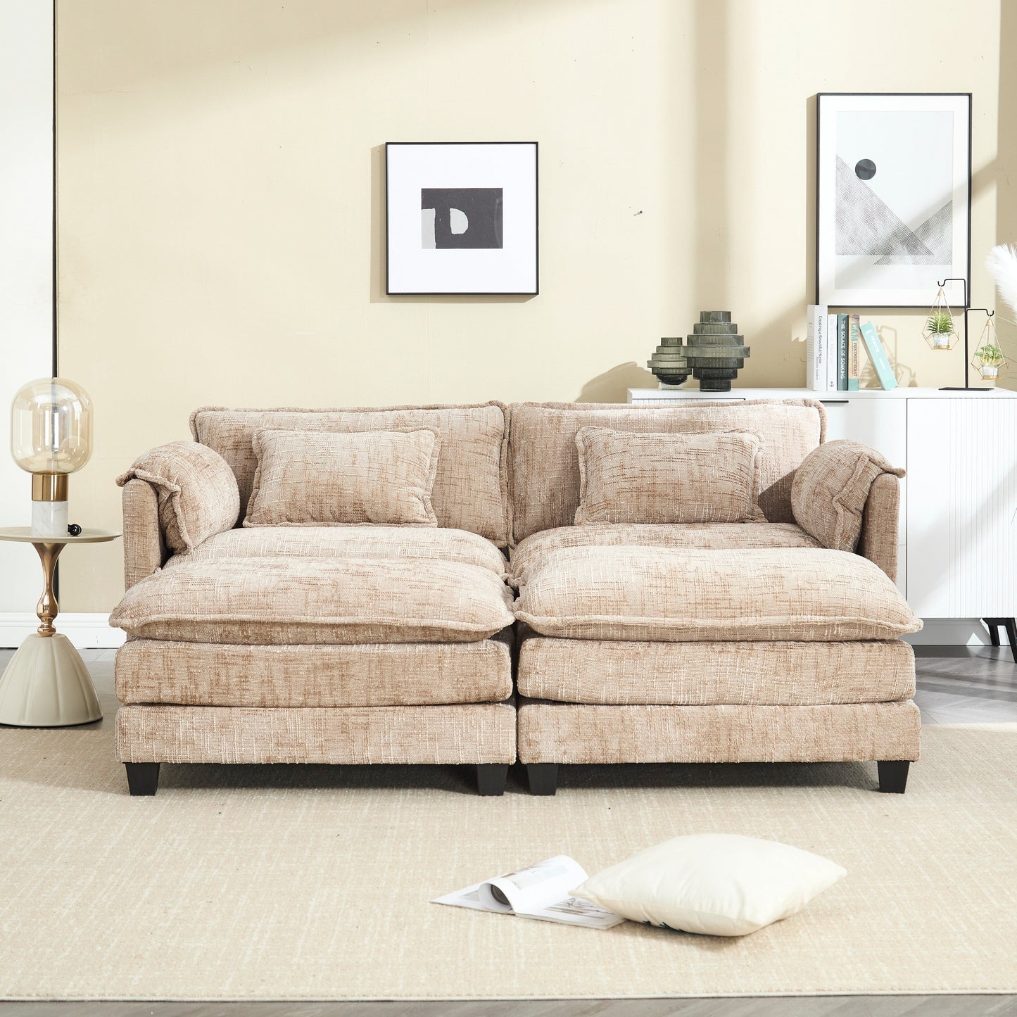 Solid Construction, the Overall Structure of the Sofa is Stable, Two Foot Stools and Two-seat Sofa with Side Pockets
