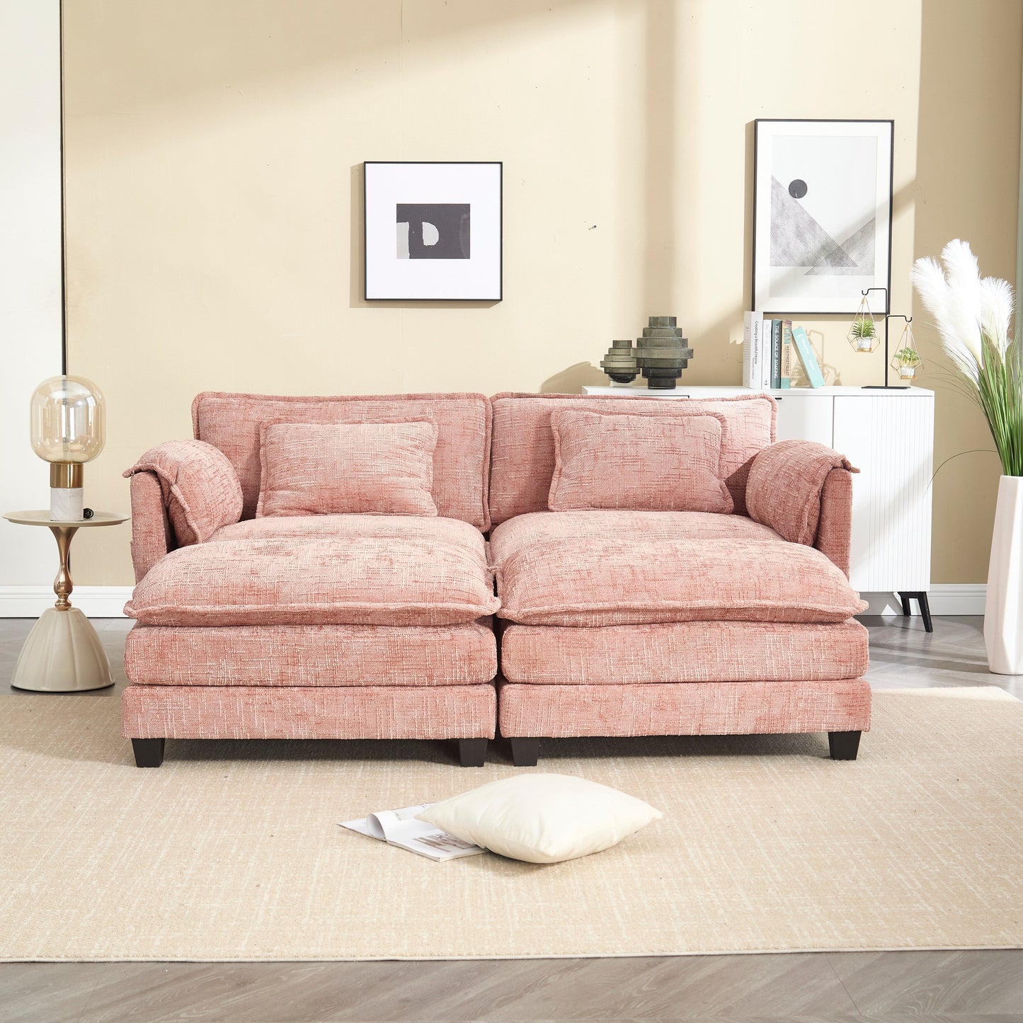 Solid Construction, the Overall Structure of the Sofa is Stable, Two Foot Stools and Two-seat Sofa with Side Pockets