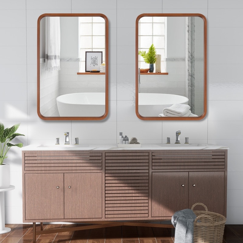 Round Corner Rectangle Farm Wall Mirror with Solid Wood Frame