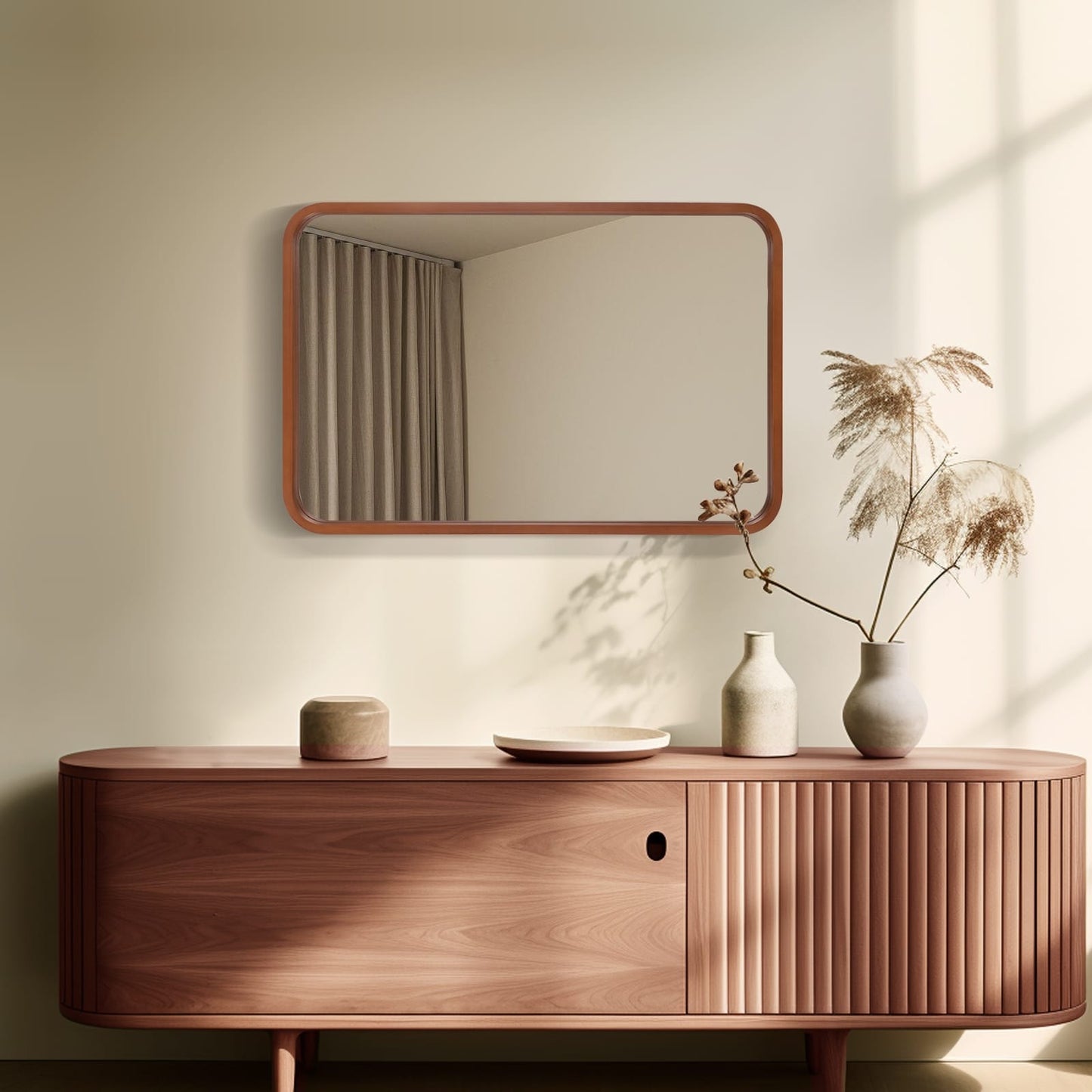 Round Corner Rectangle Farm Wall Mirror with Solid Wood Frame
