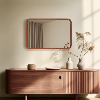 Round Corner Rectangle Farm Wall Mirror with Solid Wood Frame