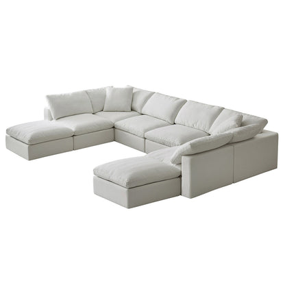 Square Arm Linen Fabric Rectangle Sectional Sofa Combination Sofa in Pearl White