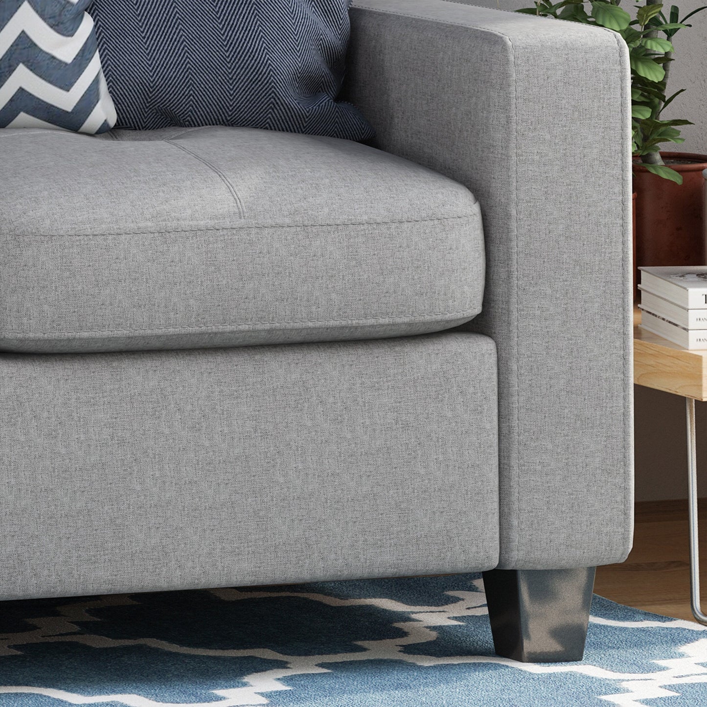 Square Arms Button Tufted 3-seater Sofa with Wood Legs