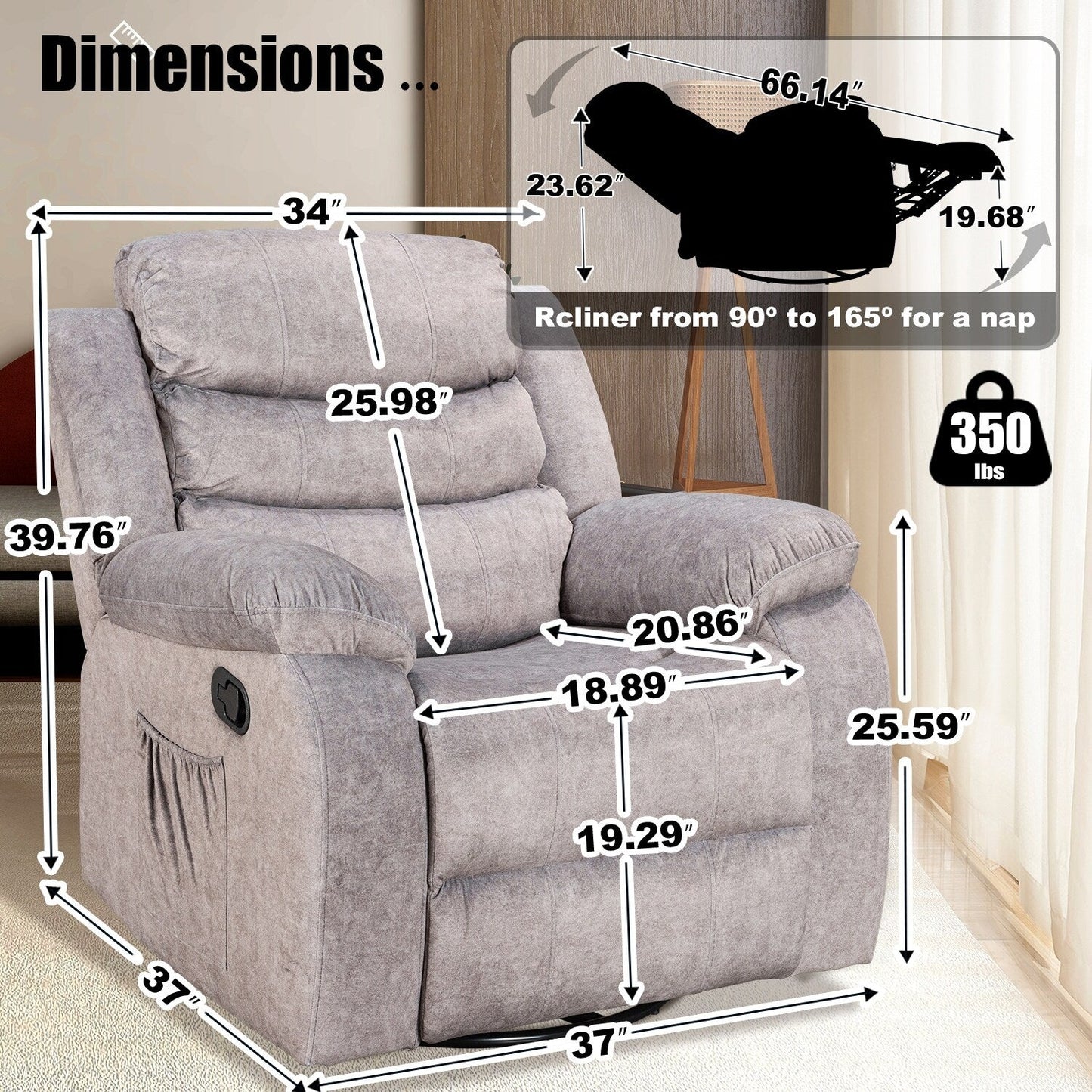 Standard Recliner with Rocking and Swivel Function for Living Room