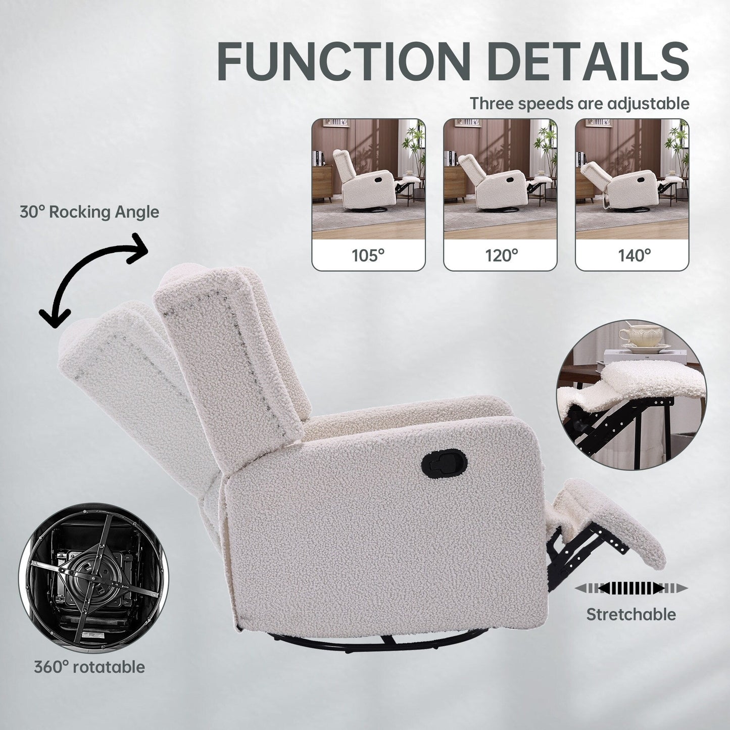 Standard-Size Fabric Armless Swivel Rocking Recliner Chair with 360° Rotation, Recline Function and Glider Base