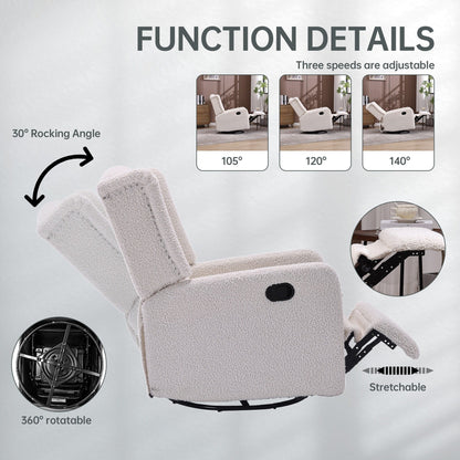 Standard-Size Fabric Armless Swivel Rocking Recliner Chair with 360° Rotation, Recline Function and Glider Base
