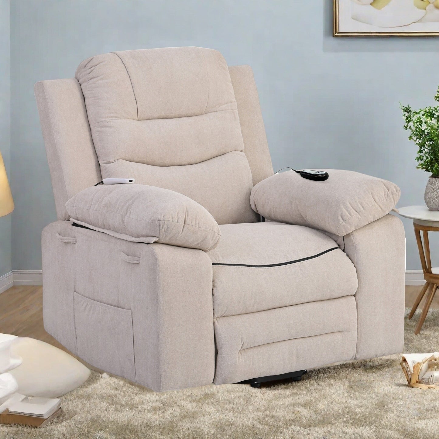 Standard Size Linen Power Lift Recliner Chair with Massage, Heating, and Side Storage Pocket