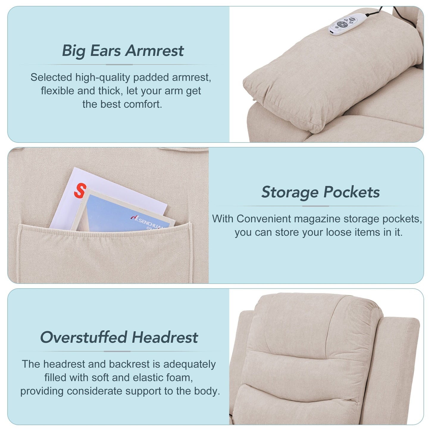 Standard Size Linen Power Lift Recliner Chair with Massage, Heating, and Side Storage Pocket