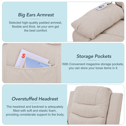 Standard Size Linen Power Lift Recliner Chair with Massage, Heating, and Side Storage Pocket