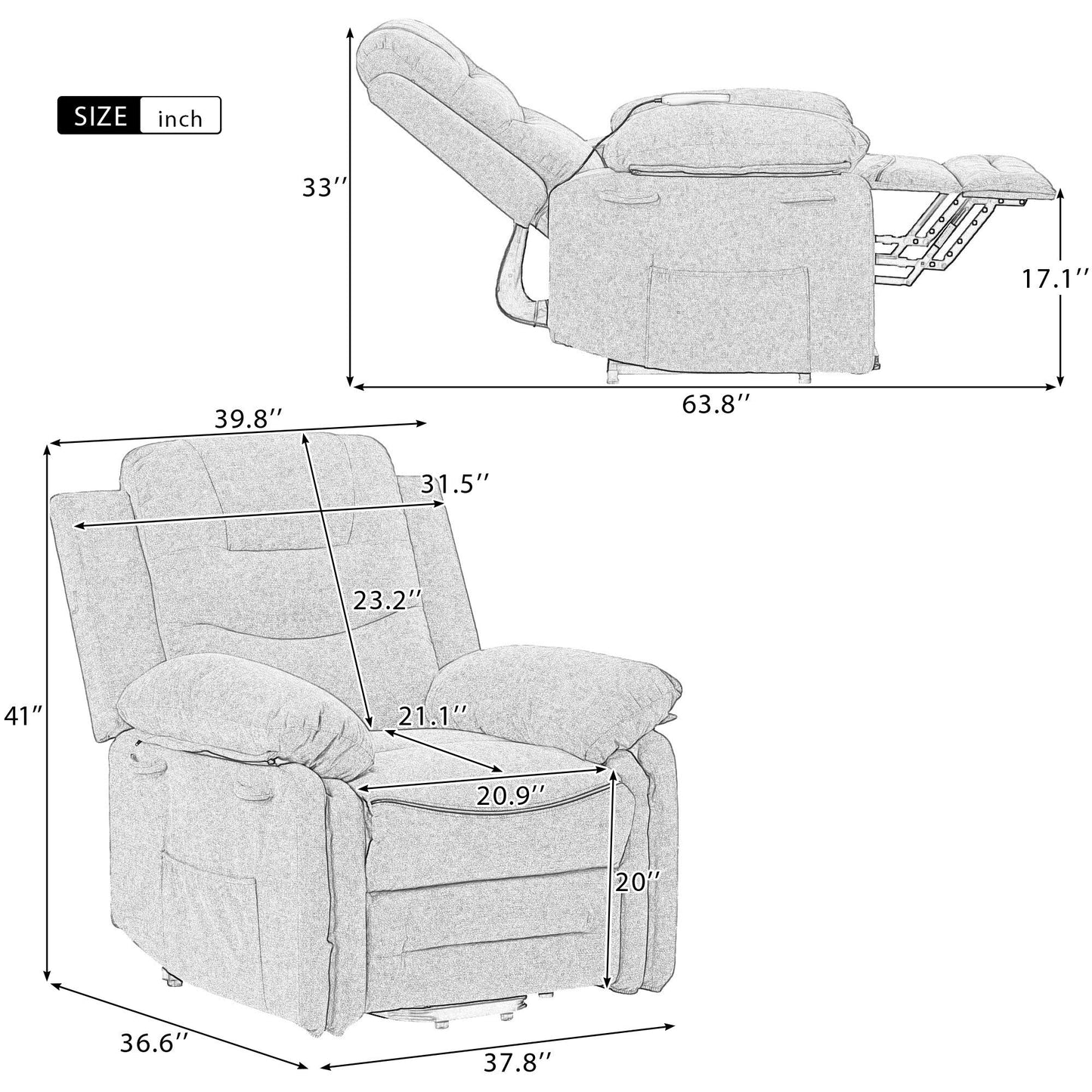 Standard Size Linen Power Lift Recliner Chair with Massage, Heating, and Side Storage Pocket