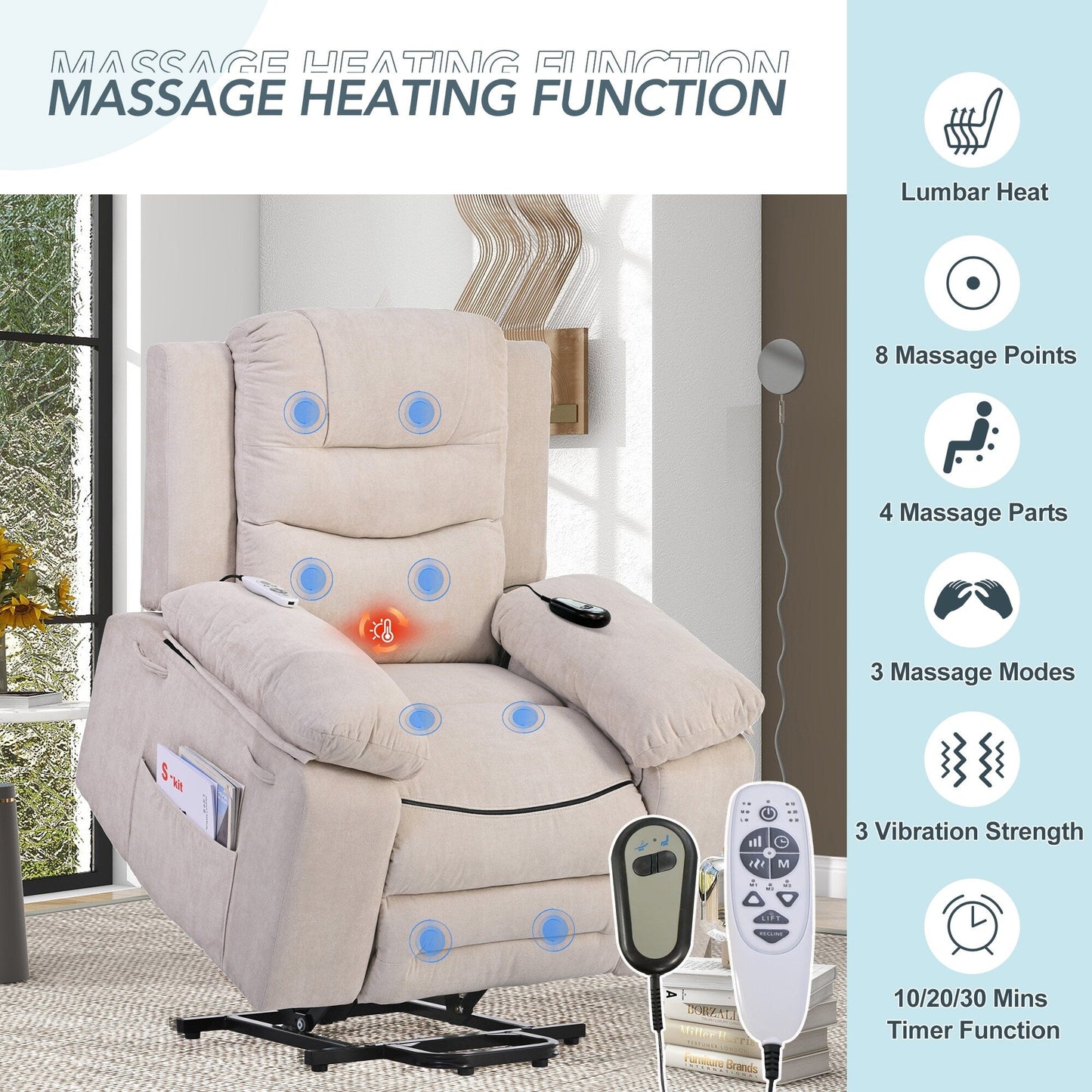 Standard Size Linen Power Lift Recliner Chair with Massage, Heating, and Side Storage Pocket