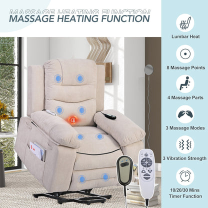 Standard Size Linen Power Lift Recliner Chair with Massage, Heating, and Side Storage Pocket
