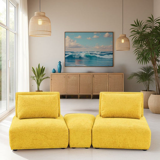 Stavan Modular Curved 2 Seat Sofa, Yellow Chenille, Adjustable Back