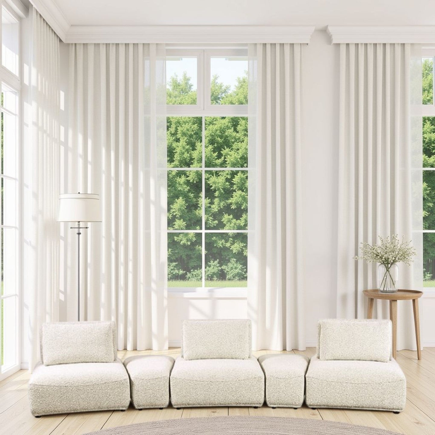 Stavan Modular Curved 3 Seat Sofa, Beige Boucle, Adjustable Seat Depth