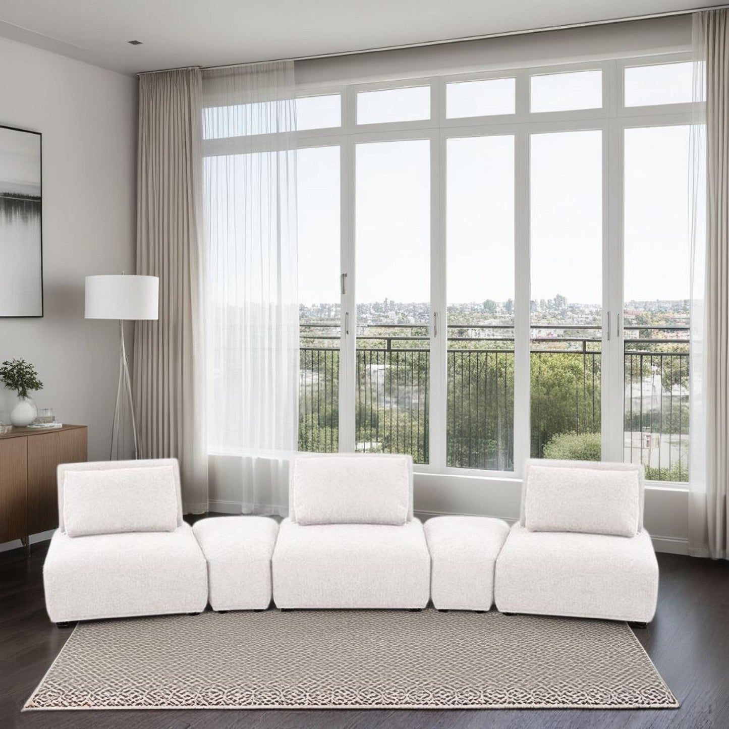 Stavan Modular Curved 3 Seater Sofa, White Boucle, Adjustable Backs