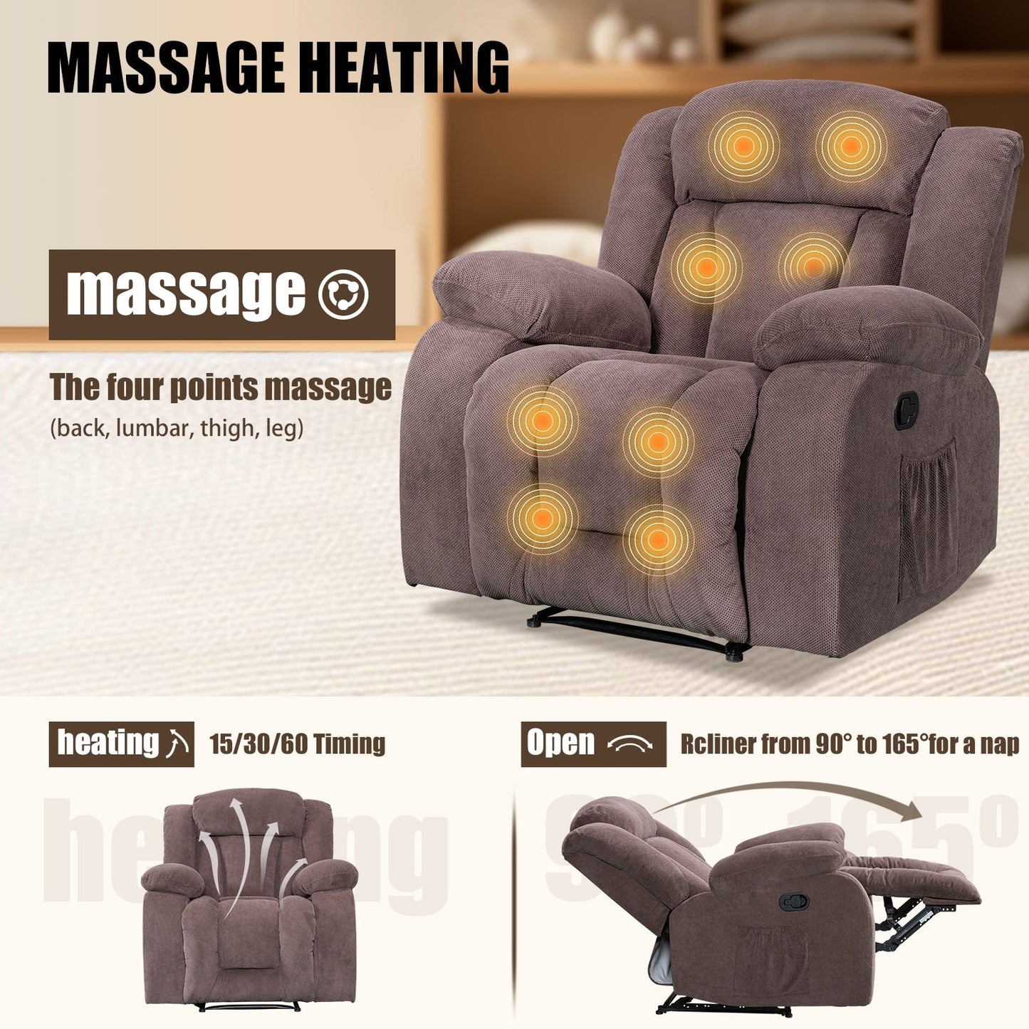 Super Comfortable Standard Size Heating and Massage Recliner Chair