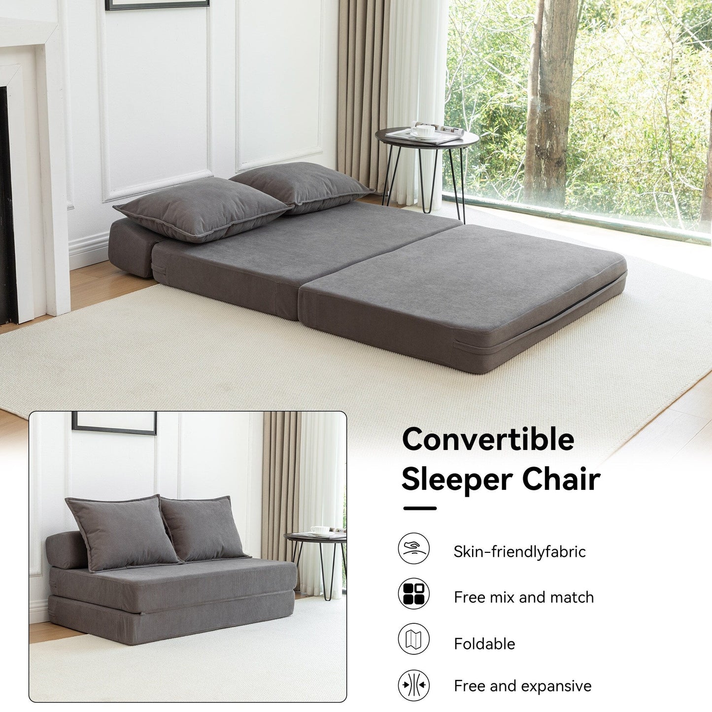 Twin Convertible Sleeper - Multi-Functional Folding Sofa Bed with Pillow & Adjustable Backrest, Ideal for Dorms/Guest Rooms