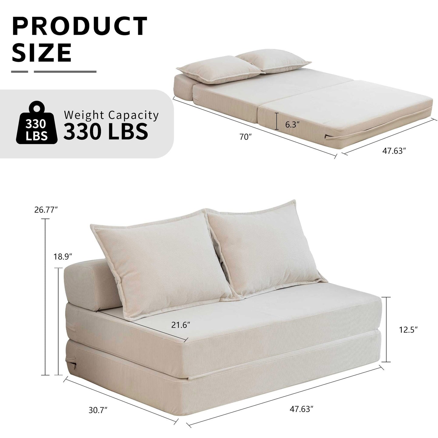 Twin Convertible Sleeper - Multi-Functional Folding Sofa Bed with Pillow & Adjustable Backrest, Ideal for Dorms/Guest Rooms