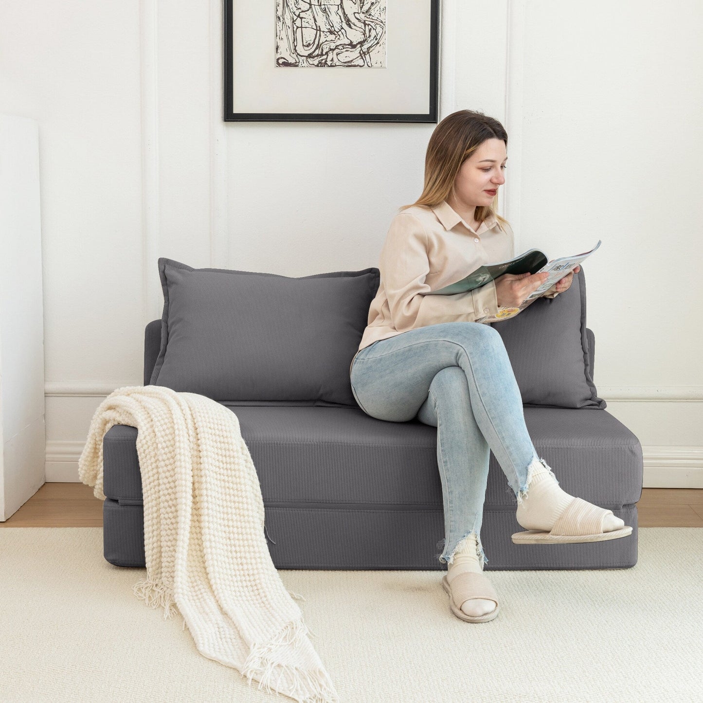 Twin Convertible Sleeper - Multi-Functional Folding Sofa Bed with Pillow & Adjustable Backrest, Ideal for Dorms/Guest Rooms