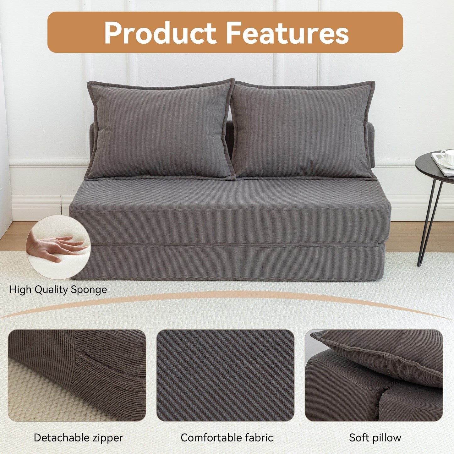 Twin Convertible Sleeper - Multi-Functional Folding Sofa Bed with Pillow & Adjustable Backrest, Ideal for Dorms/Guest Rooms
