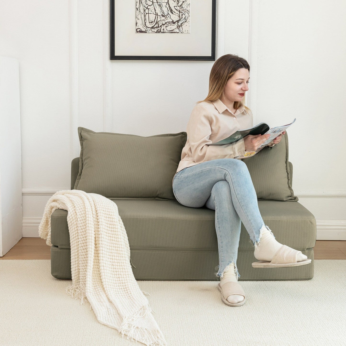 Twin Convertible Sleeper - Multi-Functional Folding Sofa Bed with Pillow & Adjustable Backrest, Ideal for Dorms/Guest Rooms