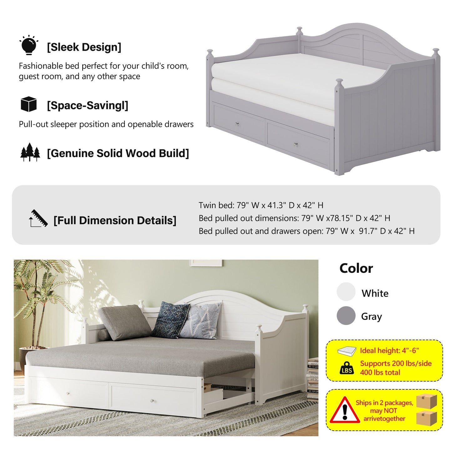 Twin Size Wood Daybed Extended Bed with Storage Drawers Wooden Sofa Bed for Living Room Guest Room