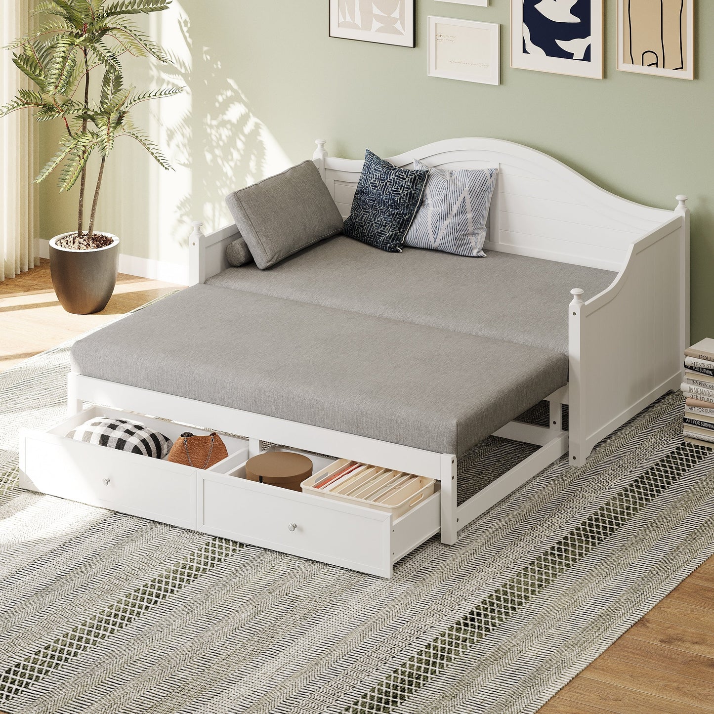 Twin Size Wood Daybed Extended Bed with Storage Drawers Wooden Sofa Bed for Living Room Guest Room