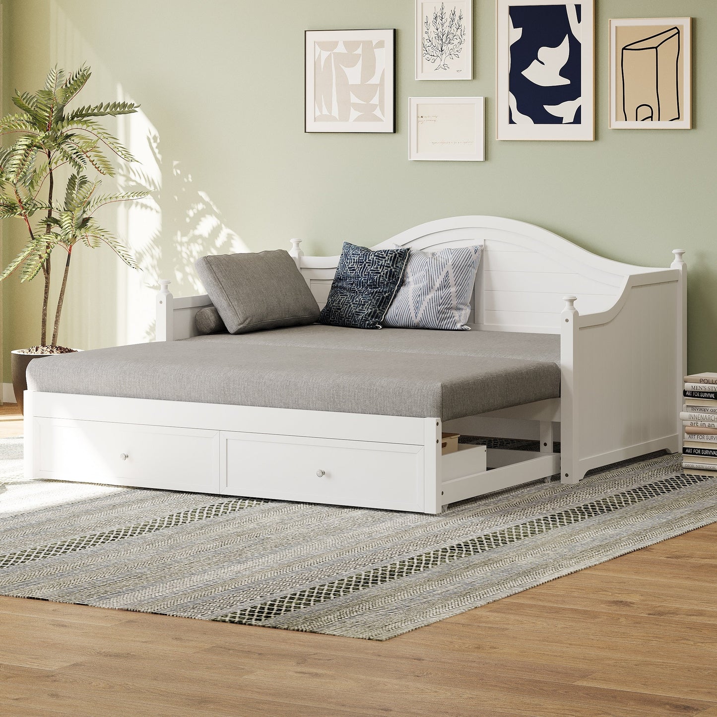 Twin Size Wood Daybed Extended Bed with Storage Drawers Wooden Sofa Bed for Living Room Guest Room
