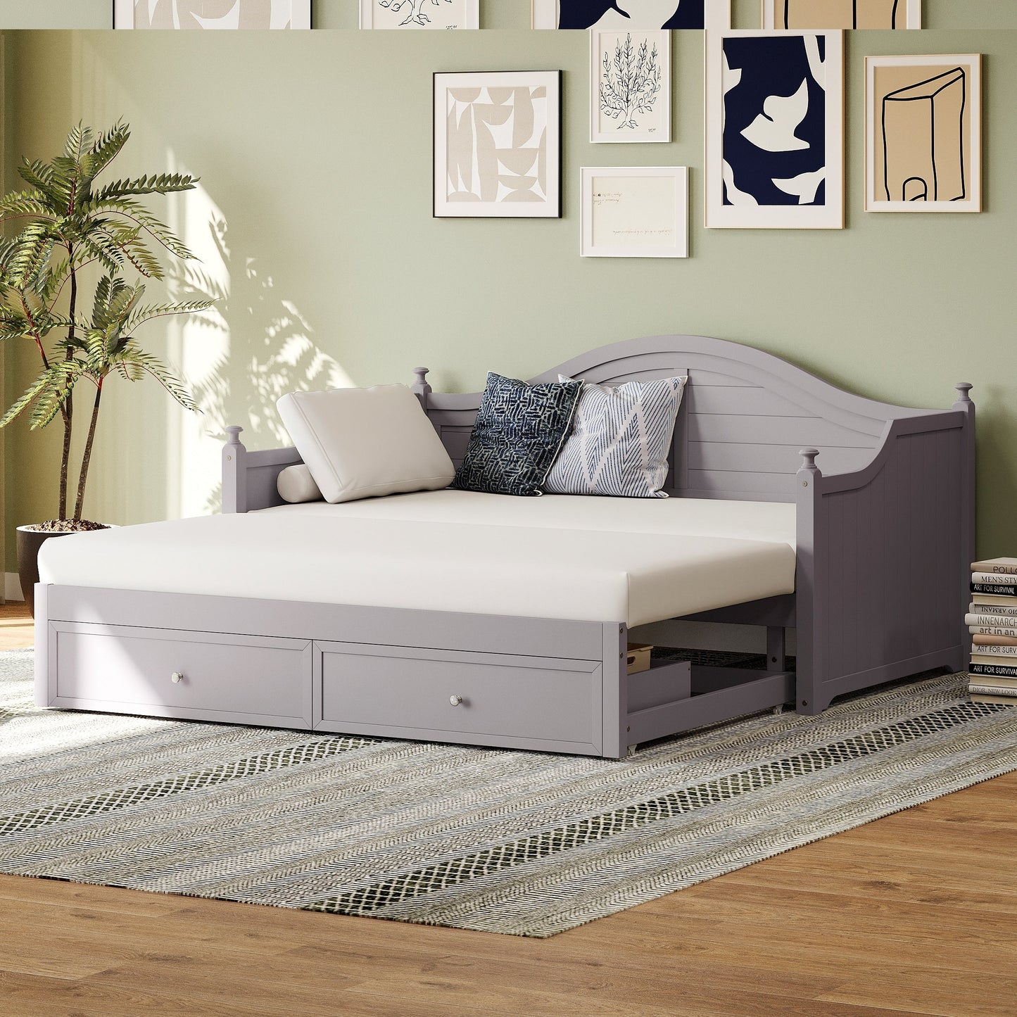 Twin Size Wood Daybed Extended Bed with Storage Drawers Wooden Sofa Bed for Living Room Guest Room