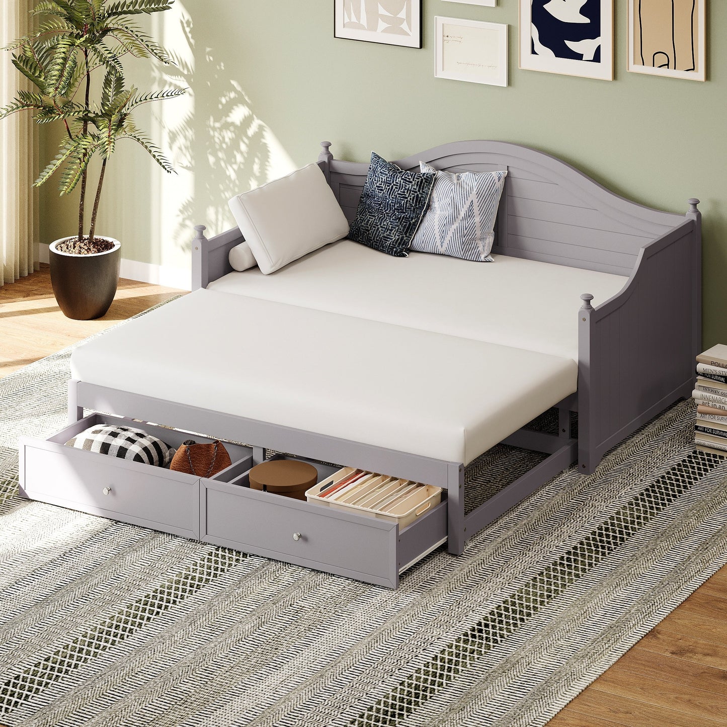 Twin Size Wood Daybed Extended Bed with Storage Drawers Wooden Sofa Bed for Living Room Guest Room