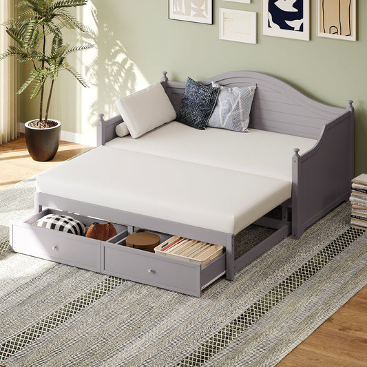 Twin Size Wood Daybed Extended Bed with Storage Drawers Wooden Sofa Bed for Living Room Guest Room