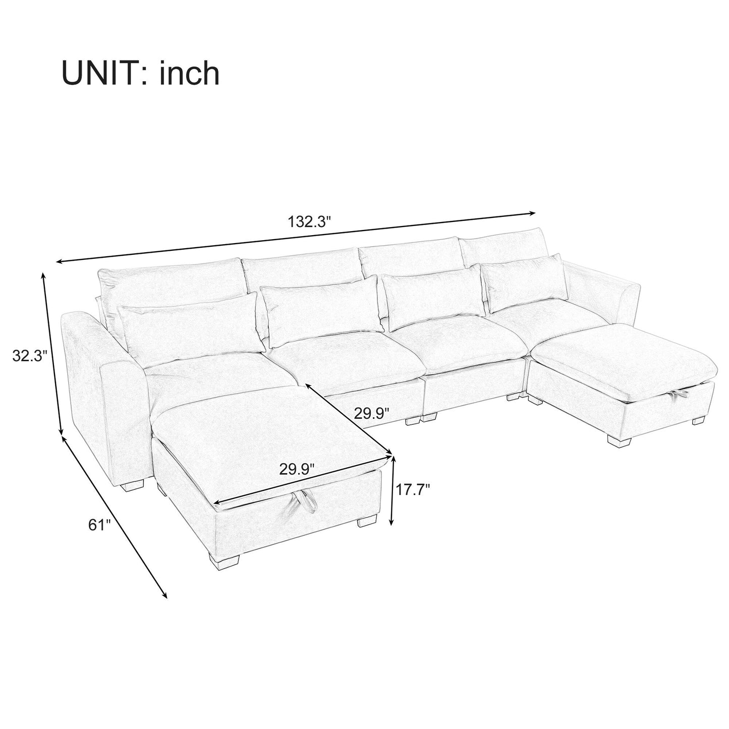 U-Shaped Linen Upholstered 6-Seat Sectional Sofa with 2 Movable Storage Ottomans for Living Room Home Theaters