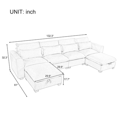 U-Shaped Linen Upholstered 6-Seat Sectional Sofa with 2 Movable Storage Ottomans for Living Room Home Theaters