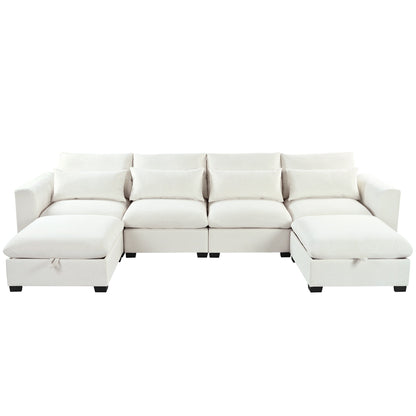 U-Shaped Linen Upholstered 6-Seat Sectional Sofa with 2 Movable Storage Ottomans for Living Room Home Theaters