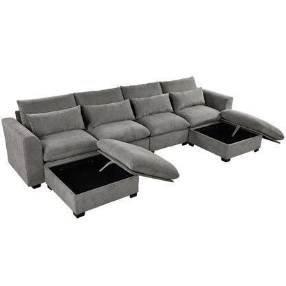 U-Shaped Linen Upholstered 6-Seat Sectional Sofa with 2 Movable Storage Ottomans for Living Room Home Theaters