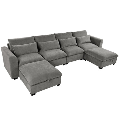 U-Shaped Linen Upholstered 6-Seat Sectional Sofa with 2 Movable Storage Ottomans for Living Room Home Theaters