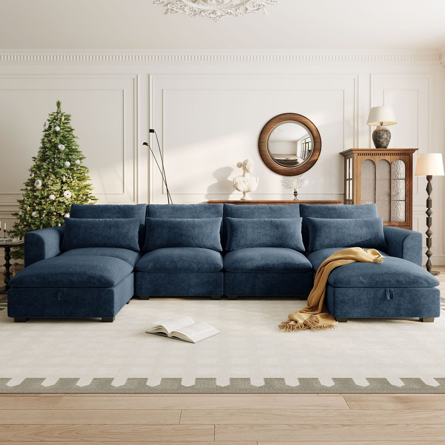 U-Shaped Linen Upholstered 6-Seat Sectional Sofa with 2 Movable Storage Ottomans for Living Room Home Theaters