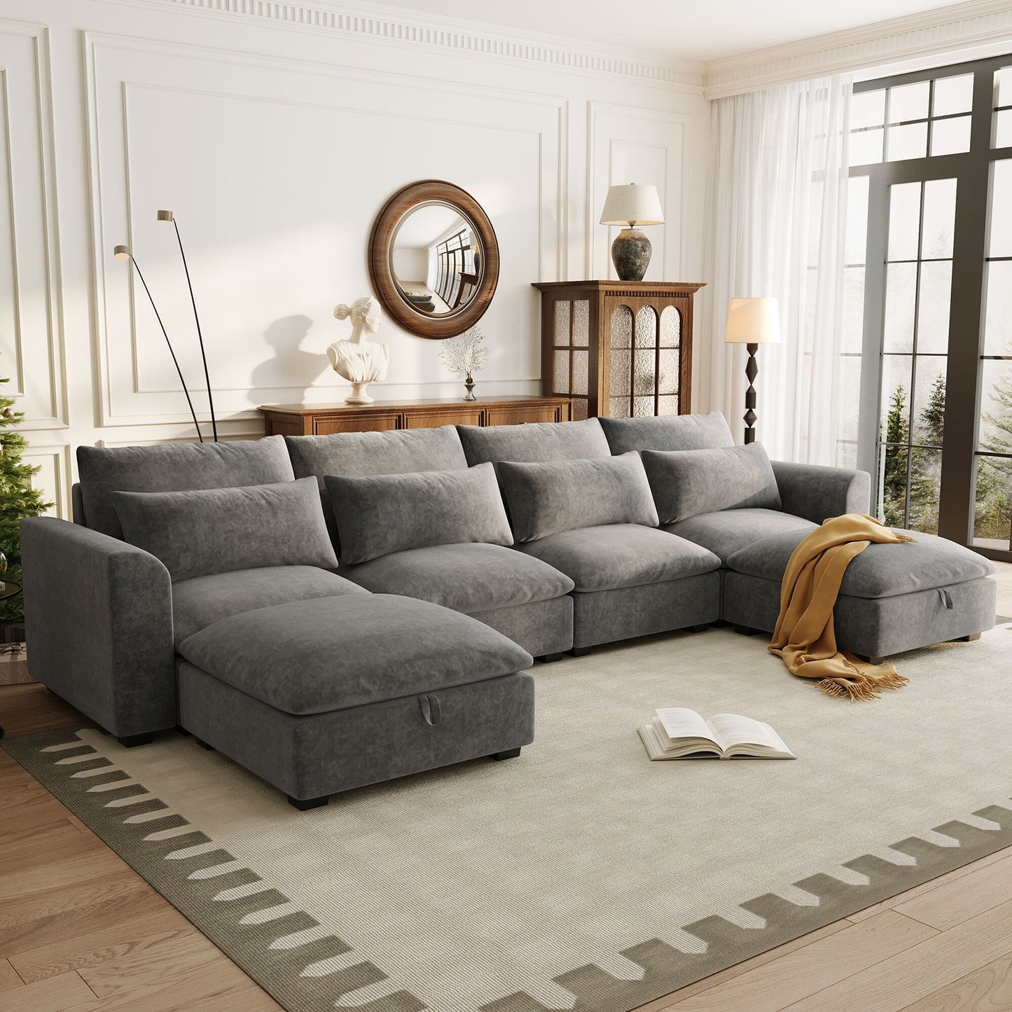 U-Shaped Linen Upholstered 6-Seat Sectional Sofa with 2 Movable Storage Ottomans for Living Room Home Theaters