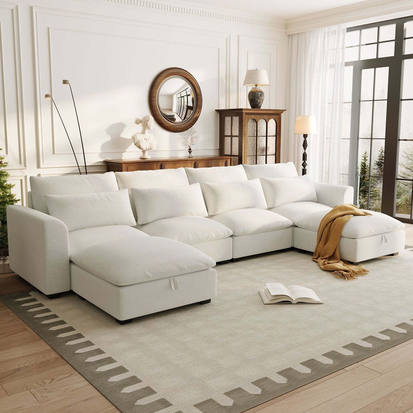 U-Shaped Linen Upholstered 6-Seat Sectional Sofa with 2 Movable Storage Ottomans for Living Room Home Theaters