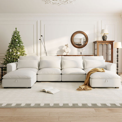 U-Shaped Linen Upholstered 6-Seat Sectional Sofa with 2 Movable Storage Ottomans for Living Room Home Theaters
