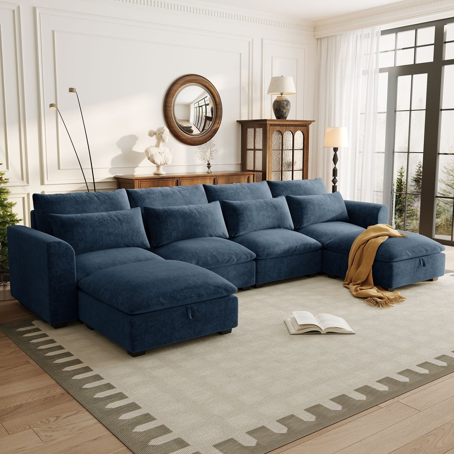 U-Shaped Linen Upholstered 6-Seat Sectional Sofa with 2 Movable Storage Ottomans for Living Room Home Theaters