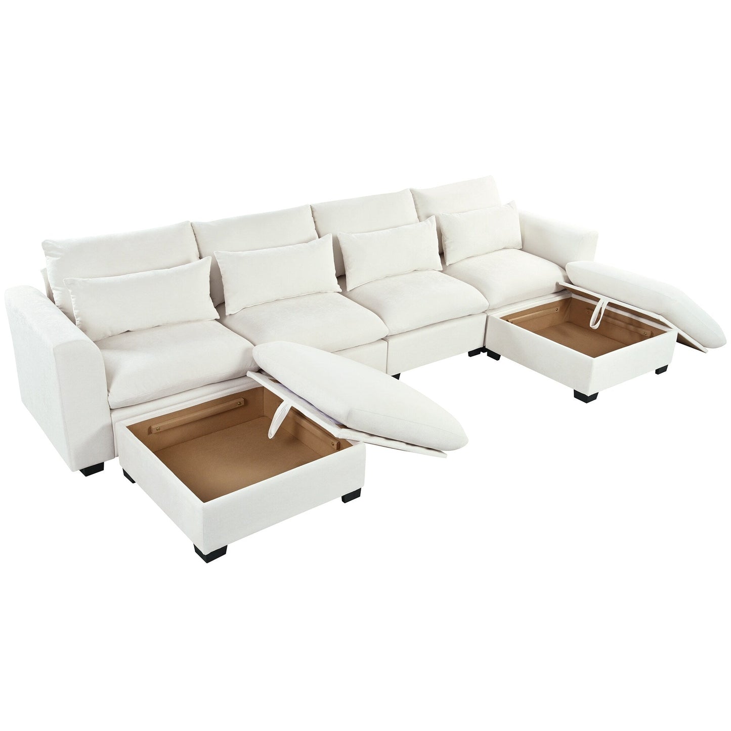 U-Shaped Linen Upholstered 6-Seat Sectional Sofa with 2 Movable Storage Ottomans for Living Room Home Theaters