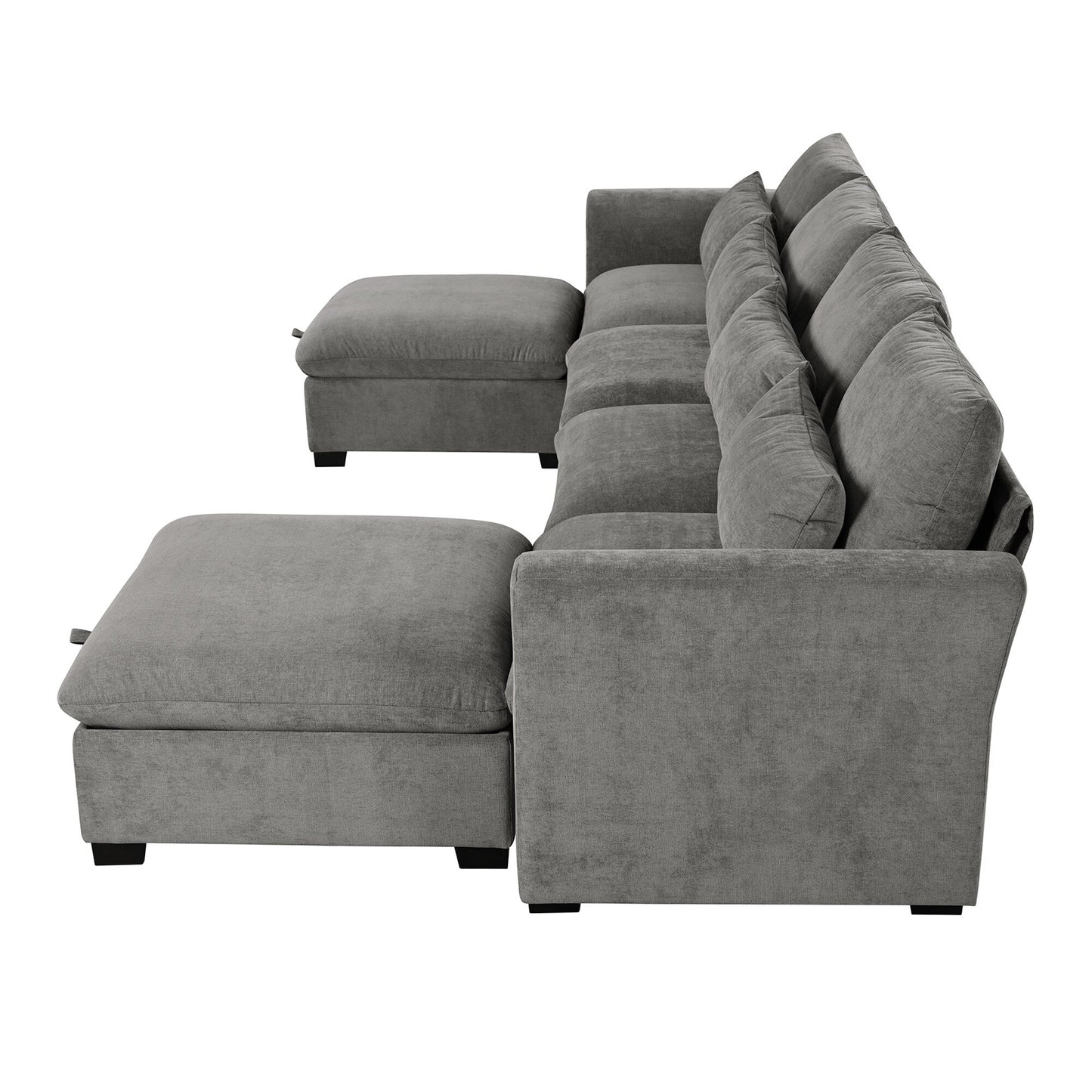 U-Shaped Linen Upholstered 6-Seat Sectional Sofa with 2 Movable Storage Ottomans for Living Room Home Theaters