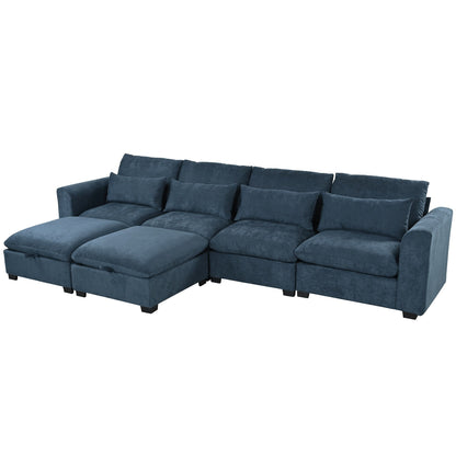U-Shaped Linen Upholstered 6-Seat Sectional Sofa with 2 Movable Storage Ottomans for Living Room Home Theaters