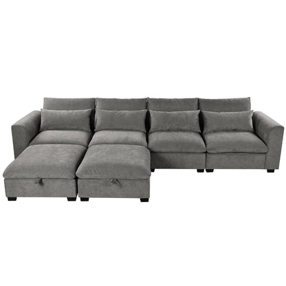 U-Shaped Linen Upholstered 6-Seat Sectional Sofa with 2 Movable Storage Ottomans for Living Room Home Theaters
