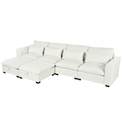U-Shaped Linen Upholstered 6-Seat Sectional Sofa with 2 Movable Storage Ottomans for Living Room Home Theaters