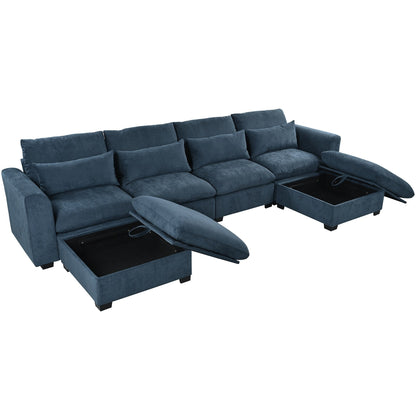 U-Shaped Linen Upholstered 6-Seat Sectional Sofa with 2 Movable Storage Ottomans for Living Room Home Theaters