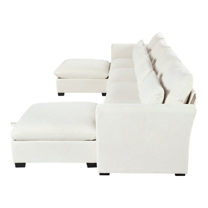 U-Shaped Linen Upholstered 6-Seat Sectional Sofa with 2 Movable Storage Ottomans for Living Room Home Theaters