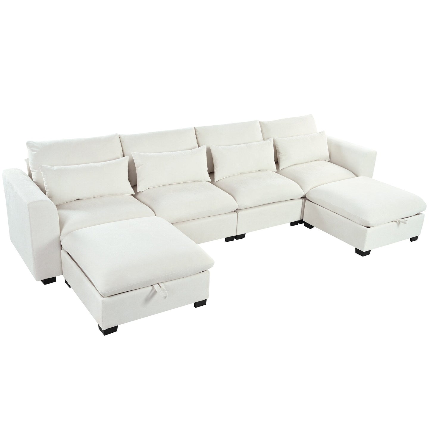 U-Shaped Linen Upholstered 6-Seat Sectional Sofa with 2 Movable Storage Ottomans for Living Room Home Theaters